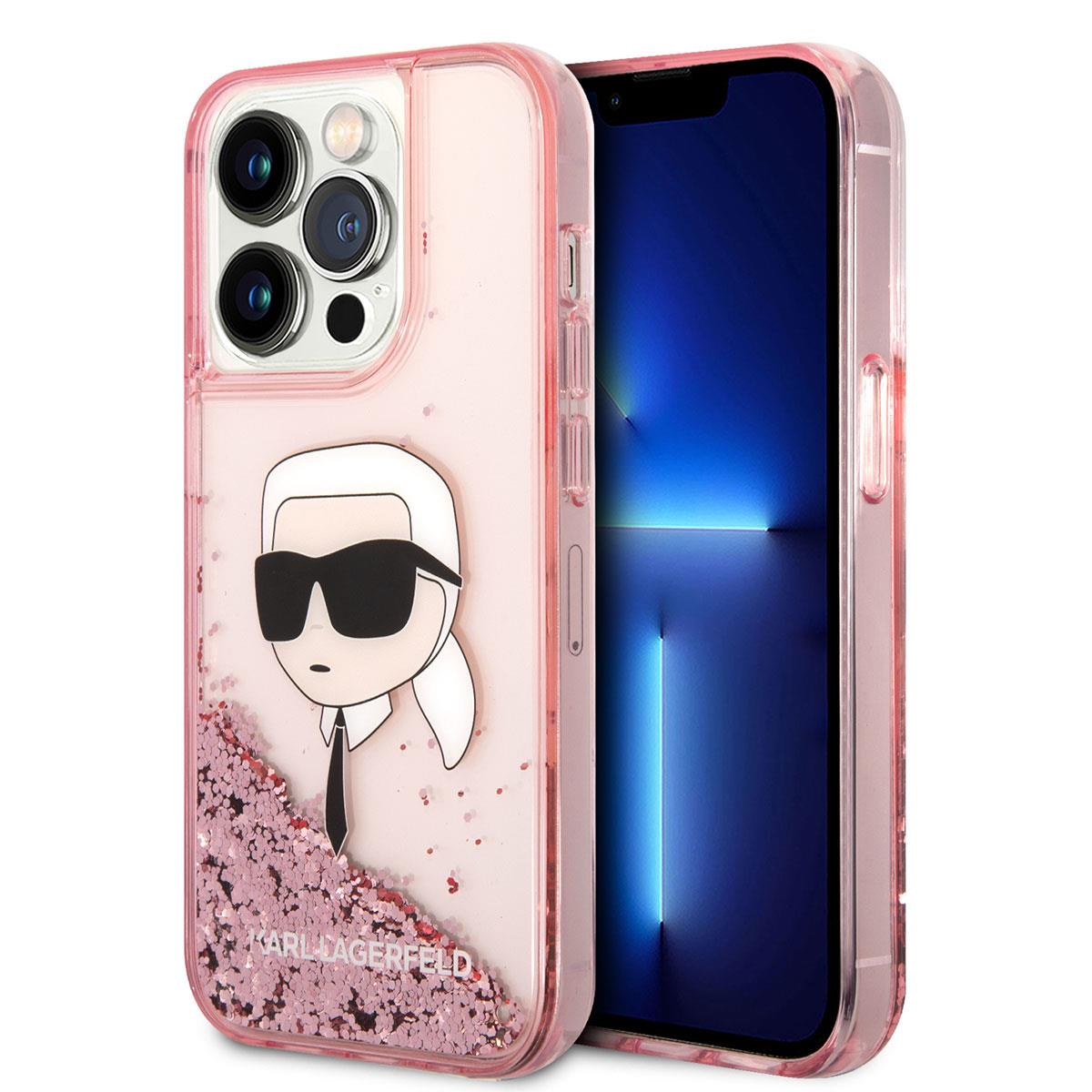 Apple iPhone 14 Pro Kılıf Karl Lagerfeld Sıvılı Simli Karl Head Dizayn Kapak