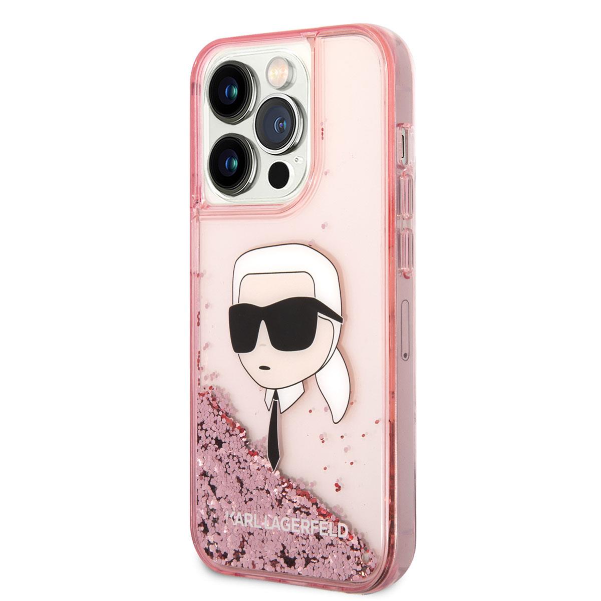 Apple iPhone 14 Pro Kılıf Karl Lagerfeld Sıvılı Simli Karl Head Dizayn Kapak