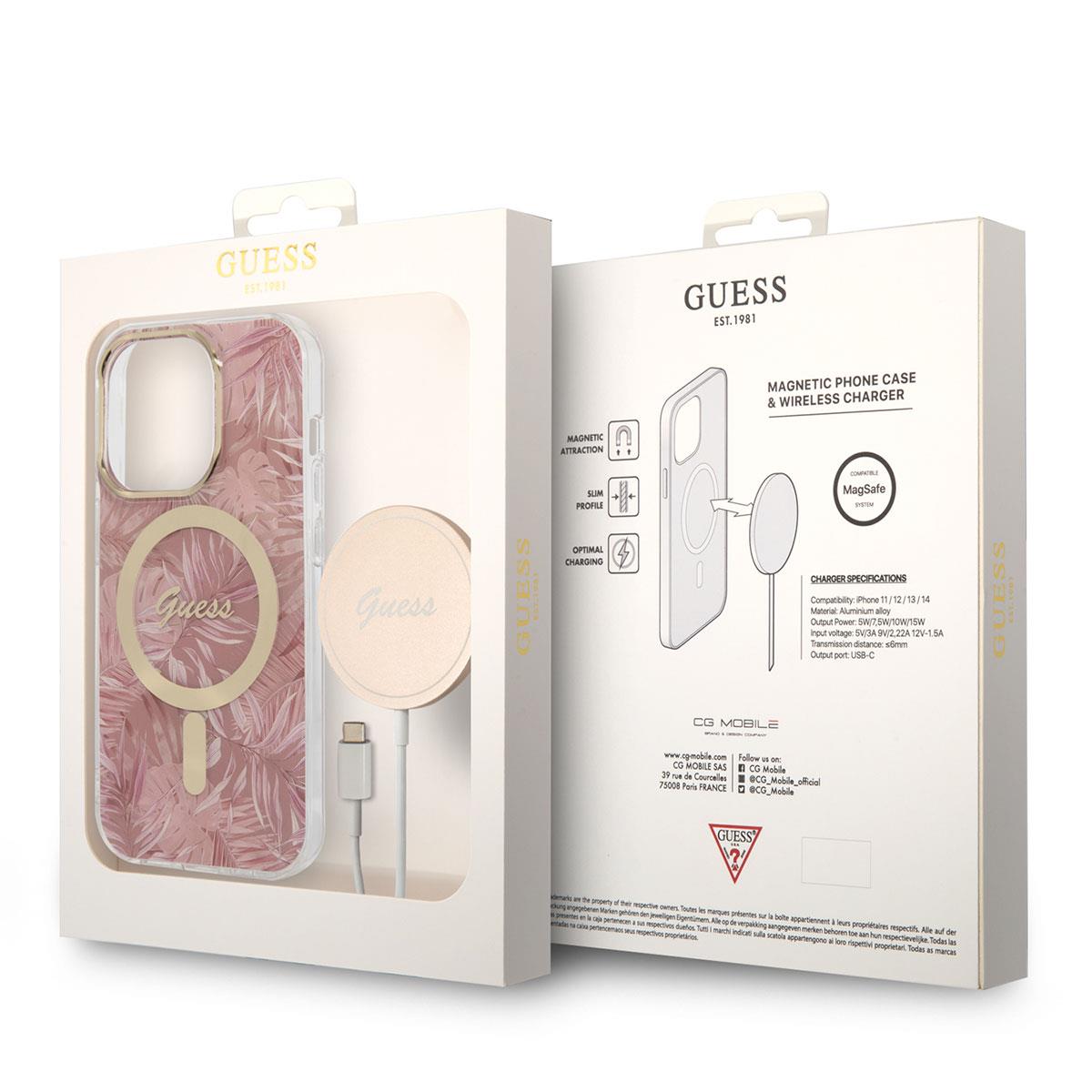 Apple iPhone 14 Pro Max Kılıf GUESS Magsafe Şarj Özellikli Yaprak Desenli Magsafe Şarj Kablolu Kapak