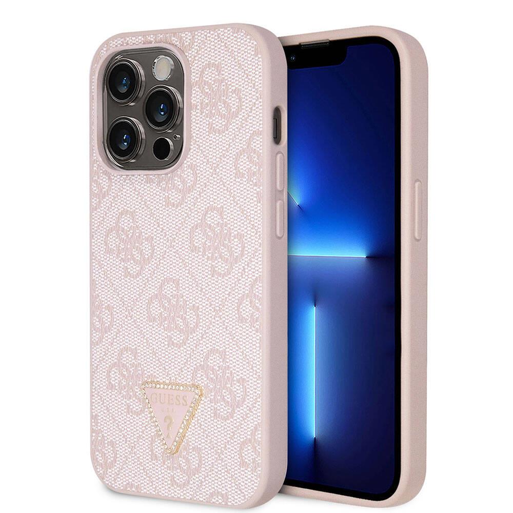 Apple iPhone 14 Pro Max Kılıf Guess Orjinal Lisanslı PU Deri Taşlı Üçgen Logo 4G Desenli Kapak