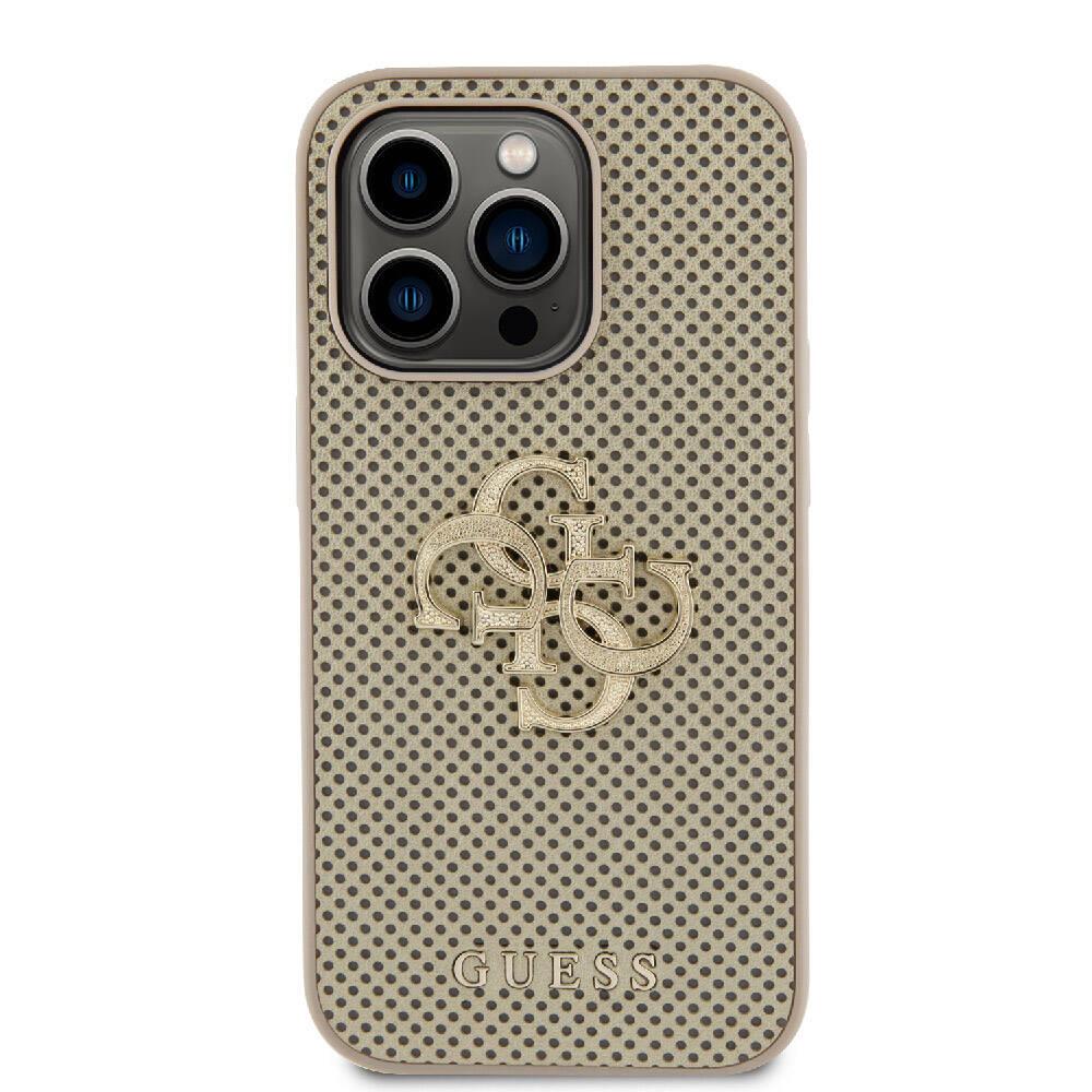 Apple iPhone 14 Pro Max Kılıf Guess Orjinal Lisanslı Delikli Yazı ve 4G Glitter Büyük Metal Logolu Kapak