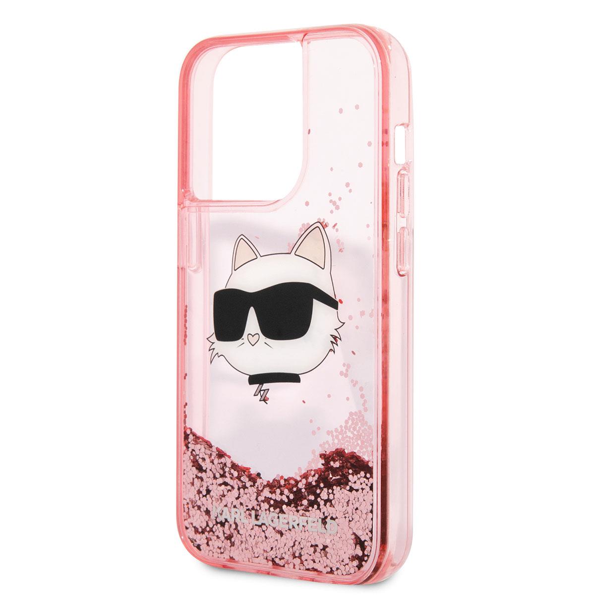 Apple iPhone 14 Pro Max Kılıf Karl Lagerfeld Sıvılı Simli Choupette Head Dizayn Kapak