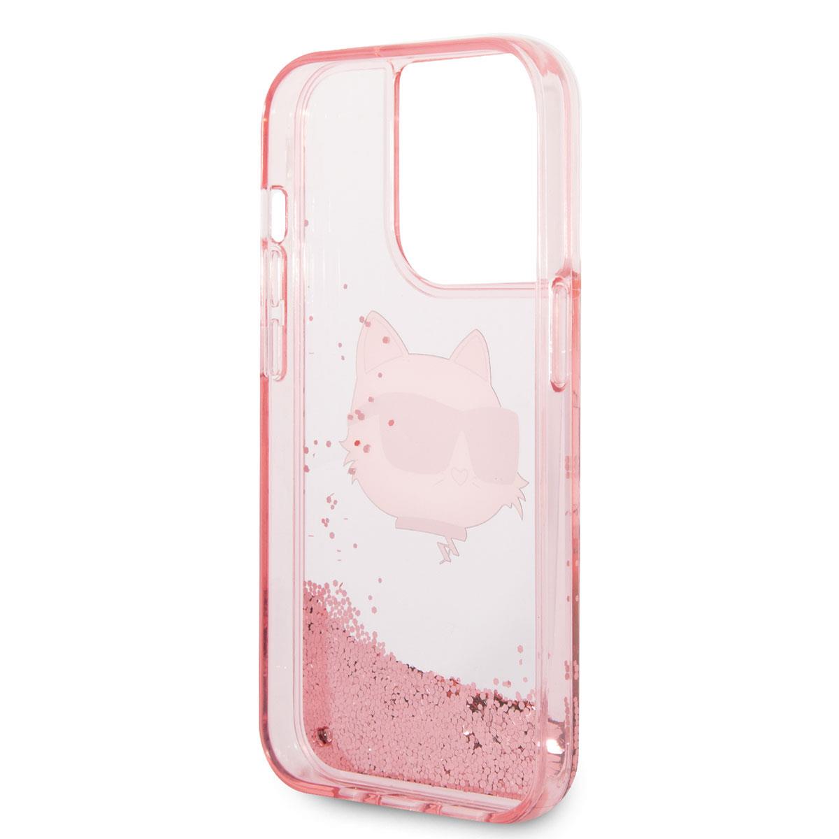 Apple iPhone 14 Pro Max Kılıf Karl Lagerfeld Sıvılı Simli Choupette Head Dizayn Kapak