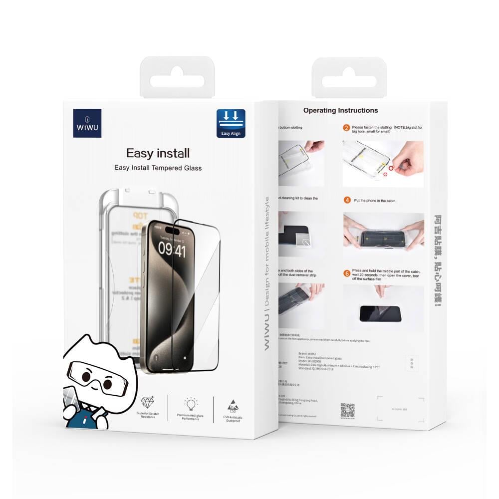 Apple iPhone 14 Wiwu SQ-008 Oleofobik Easy Install Darbeye Karşı Dayanıklı Temperli Cam Ekran Koruyucu + Kolay Uygulama Aparatlı