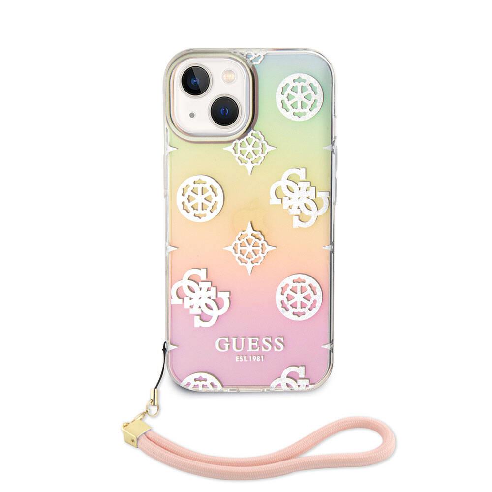 Apple iPhone 15 Kılıf Guess Orjinal Lisanslı Desenli Yazı Logolu Askı İpli Holografik Glitter Peony Kapak