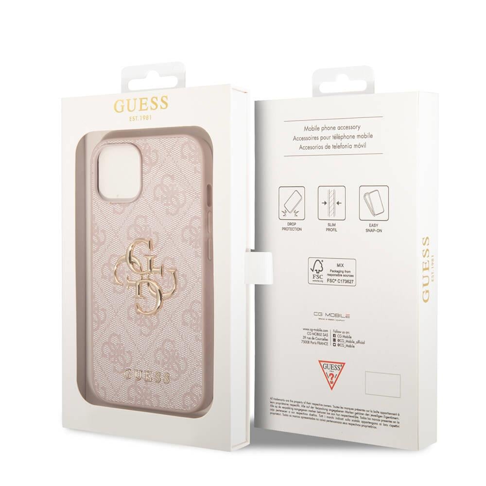 Apple iPhone 15 Kılıf Guess Orjinal Lisanslı PU Deri Yazı ve 4G Metal Logolu Desenli Kapak