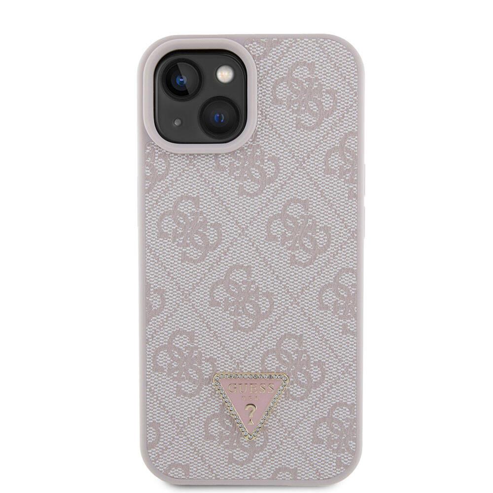 Apple iPhone 15 Kılıf Guess Orjinal Lisanslı PU Deri Taşlı Üçgen Logo 4G Desenli Strass Kapak