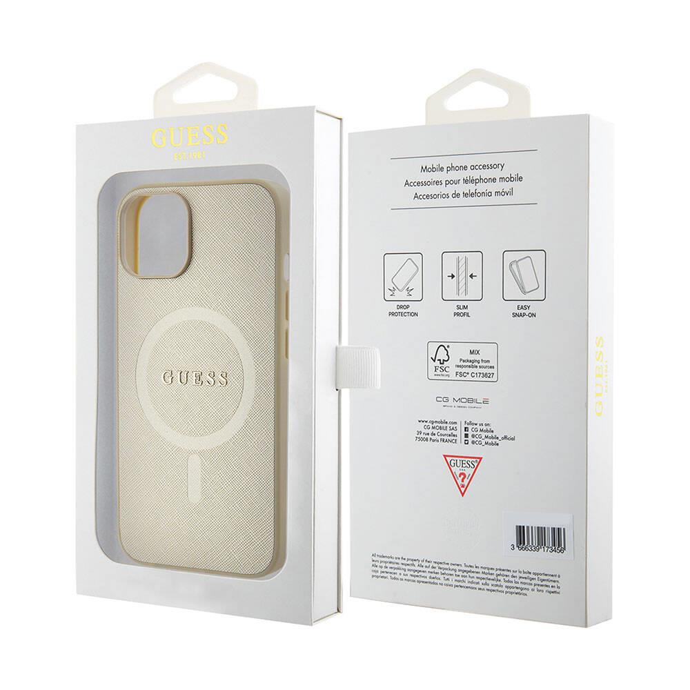 Apple iPhone 15 Kılıf Guess Orjinal Lisanslı Magsafe Şarj Özellikli Yazı Logolu Saffiano Kapak