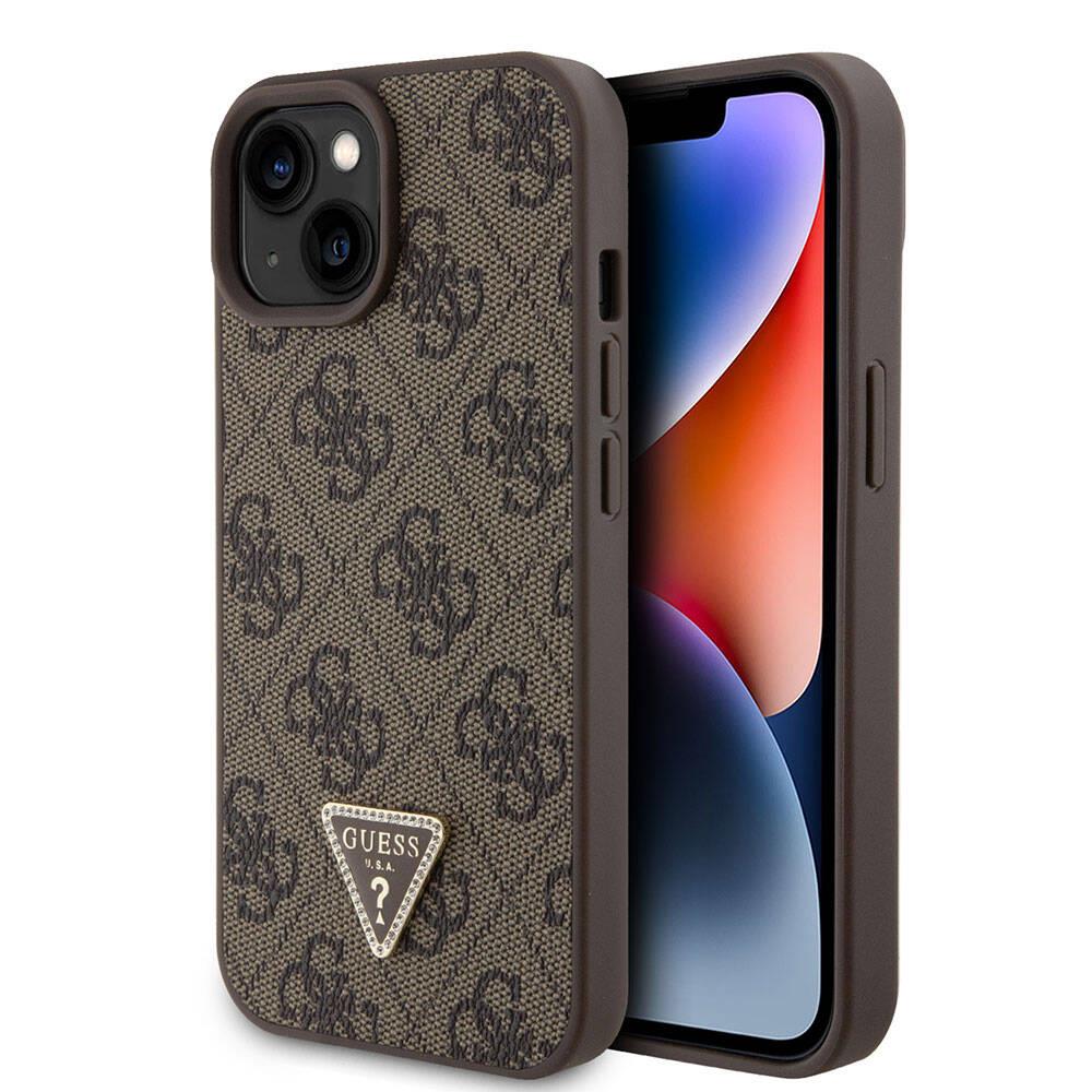 Apple iPhone 15 Kılıf Guess Orjinal Lisanslı PU Deri Taşlı Üçgen Logo 4G Desenli Strass Kapak