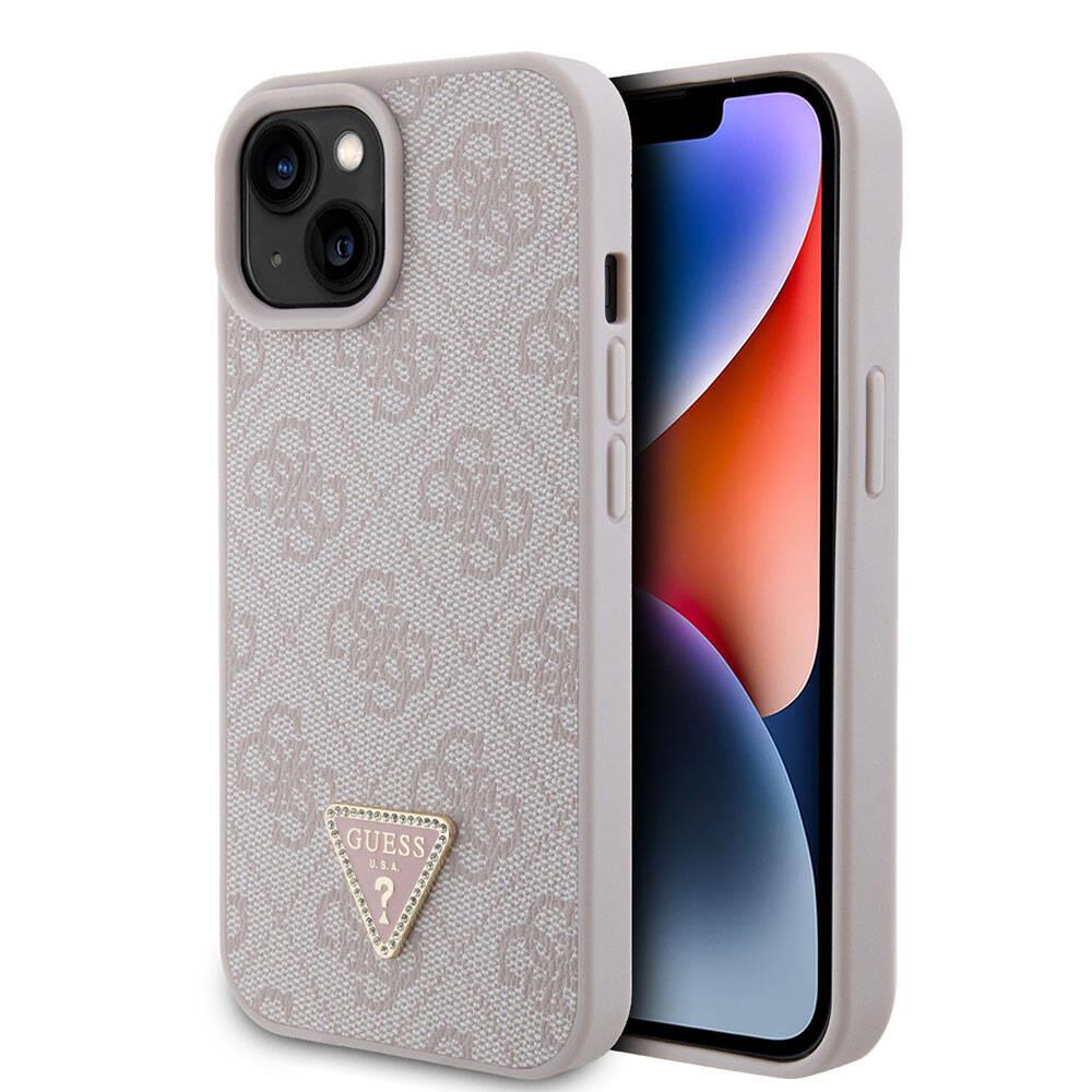 Apple iPhone 15 Kılıf Guess Orjinal Lisanslı PU Deri Taşlı Üçgen Logo 4G Desenli Strass Kapak