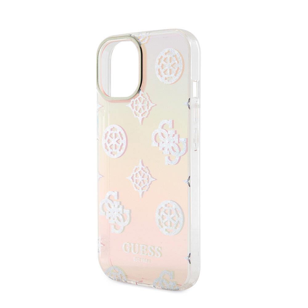 Apple iPhone 15 Kılıf Guess Orjinal Lisanslı Desenli Yazı Logolu Askı İpli Holografik Glitter Peony Kapak
