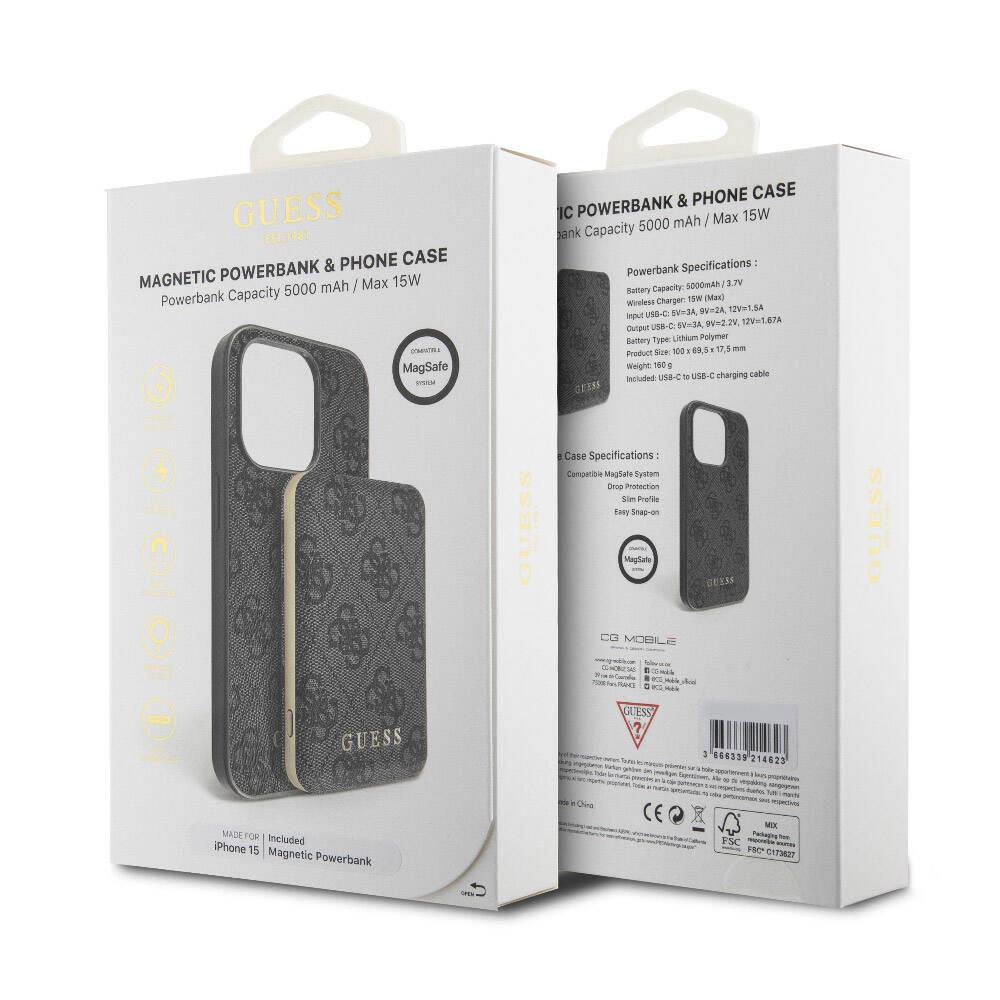 Apple iPhone 15 Kılıf Guess Orjinal Lisanslı Magsafe Şarj Özellikli Yazı Logolu 4G Desenli Kapak + Powerbank 5000mAh 2in1 Set