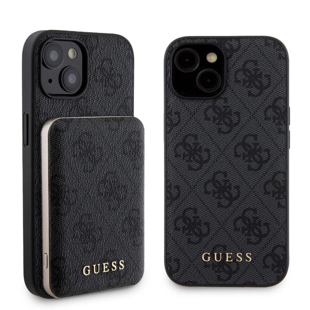 Apple iPhone 15 Kılıf Guess Orjinal Lisanslı Magsafe Şarj Özellikli Yazı Logolu 4G Desenli Kapak + Powerbank 5000mAh 2in1 Set