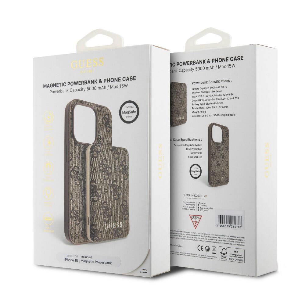 Apple iPhone 15 Kılıf Guess Orjinal Lisanslı Magsafe Şarj Özellikli Yazı Logolu 4G Desenli Kapak + Powerbank 5000mAh 2in1 Set