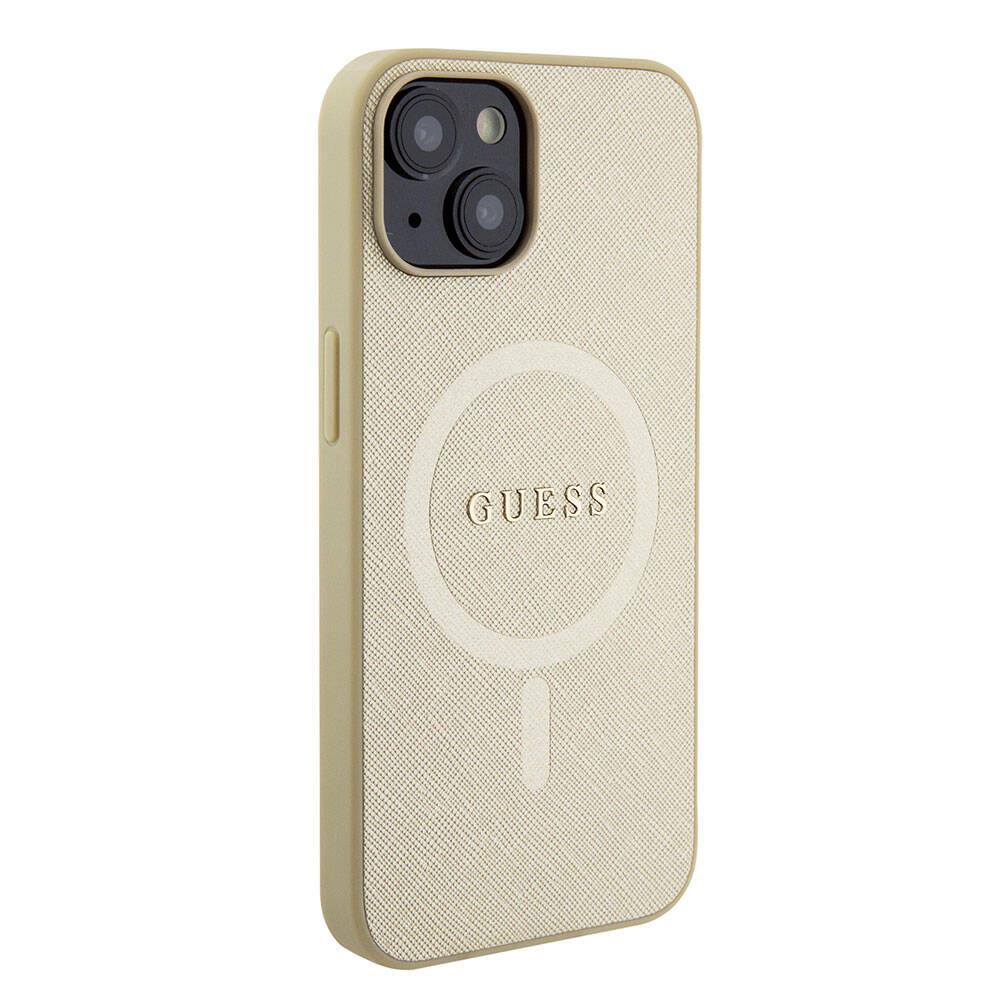Apple iPhone 15 Kılıf Guess Orjinal Lisanslı Magsafe Şarj Özellikli Yazı Logolu Saffiano Kapak