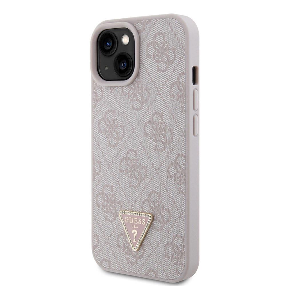 Apple iPhone 15 Kılıf Guess Orjinal Lisanslı PU Deri Taşlı Üçgen Logo 4G Desenli Strass Kapak