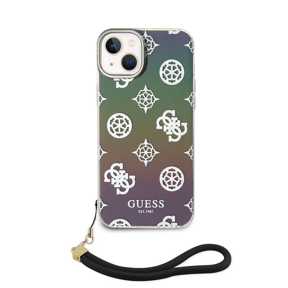 Apple iPhone 15 Kılıf Guess Orjinal Lisanslı Desenli Yazı Logolu Askı İpli Holografik Glitter Peony Kapak