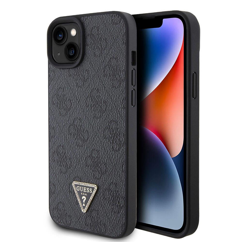 Apple iPhone 15 Plus Kılıf Guess Orjinal Lisanslı PU Deri Taşlı Üçgen Logo 4G Desenli Kapak