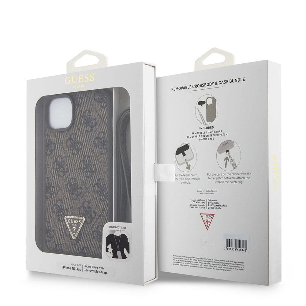 Apple iPhone 15 Plus Kılıf Guess Orjinal Lisanslı PU Deri Askılı Taşlı Üçgen Logo 4G Desenli Strass Crossbody Kapak