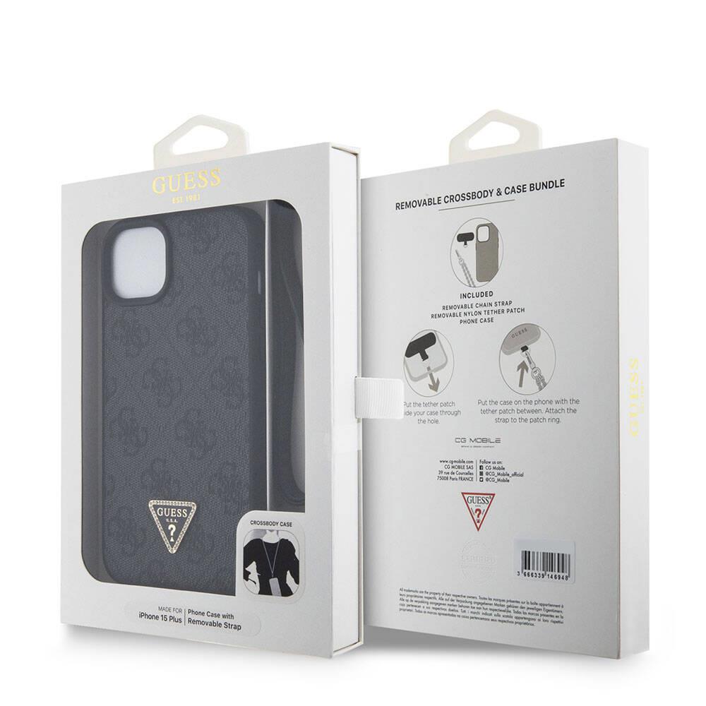 Apple iPhone 15 Plus Kılıf Guess Orjinal Lisanslı PU Deri Askılı Taşlı Üçgen Logo 4G Desenli Strass Crossbody Kapak