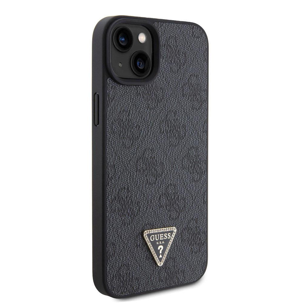 Apple iPhone 15 Plus Kılıf Guess Orjinal Lisanslı PU Deri Askılı Taşlı Üçgen Logo 4G Desenli Strass Crossbody Kapak