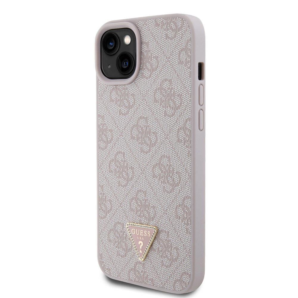 Apple iPhone 15 Plus Kılıf Guess Orjinal Lisanslı PU Deri Taşlı Üçgen Logo 4G Desenli Kapak