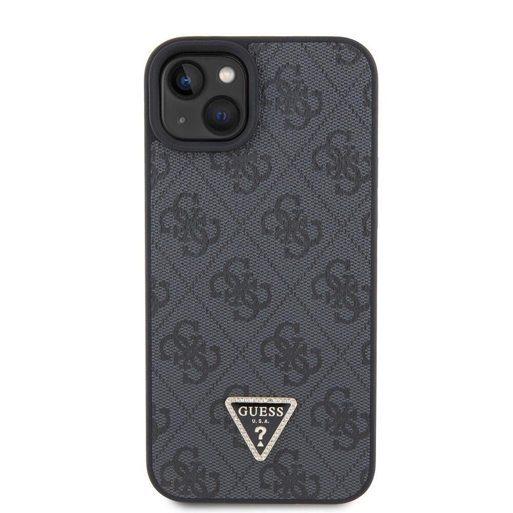 Apple iPhone 15 Plus Kılıf Guess Orjinal Lisanslı PU Deri Askılı Taşlı Üçgen Logo 4G Desenli Strass Crossbody Kapak