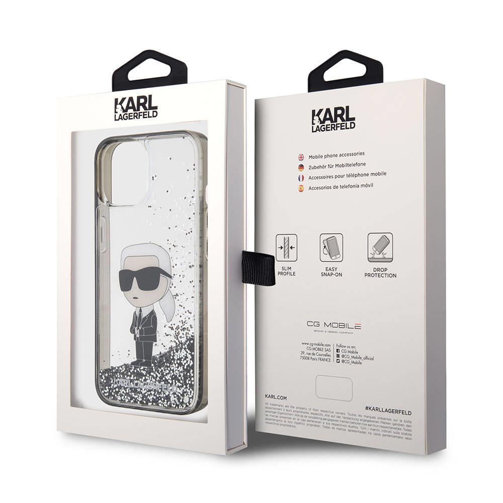 Apple iPhone 15 Plus Kılıf Karl Lagerfeld İkonik Sıvılı Glitter Orjinal Lisanslı Kapak