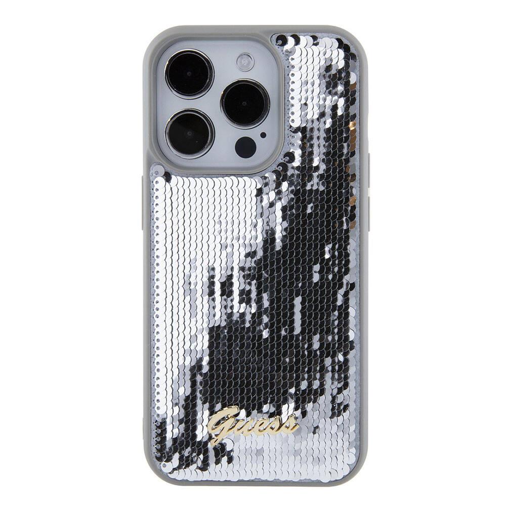 Apple iPhone 15 Pro Kılıf Guess Orjinal Lisanslı Pullu Arka Yüzey Metal Yazı Logolu Sequin Script Kapak
