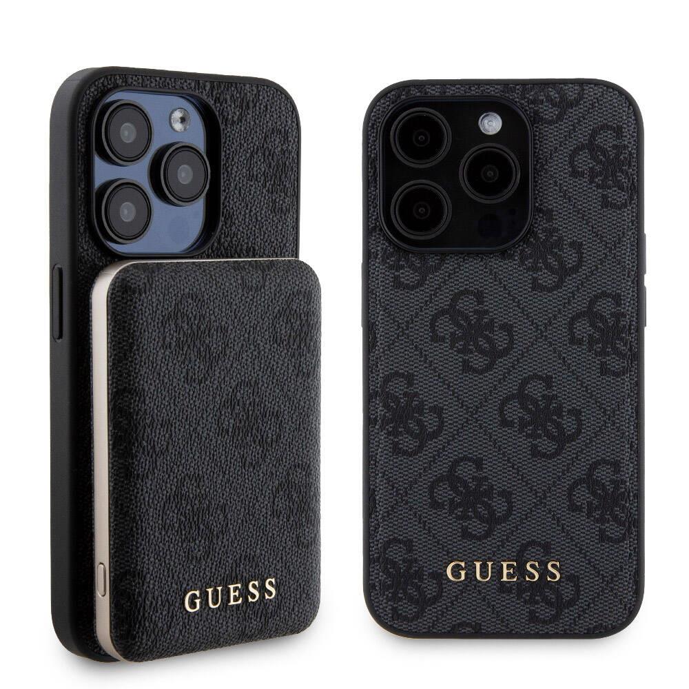 Apple iPhone 15 Pro Kılıf Guess Orjinal Lisanslı Magsafe Şarj Özellikli Yazı Logolu 4G Desenli Kapak + Powerbank 5000mAh 2in1 Set