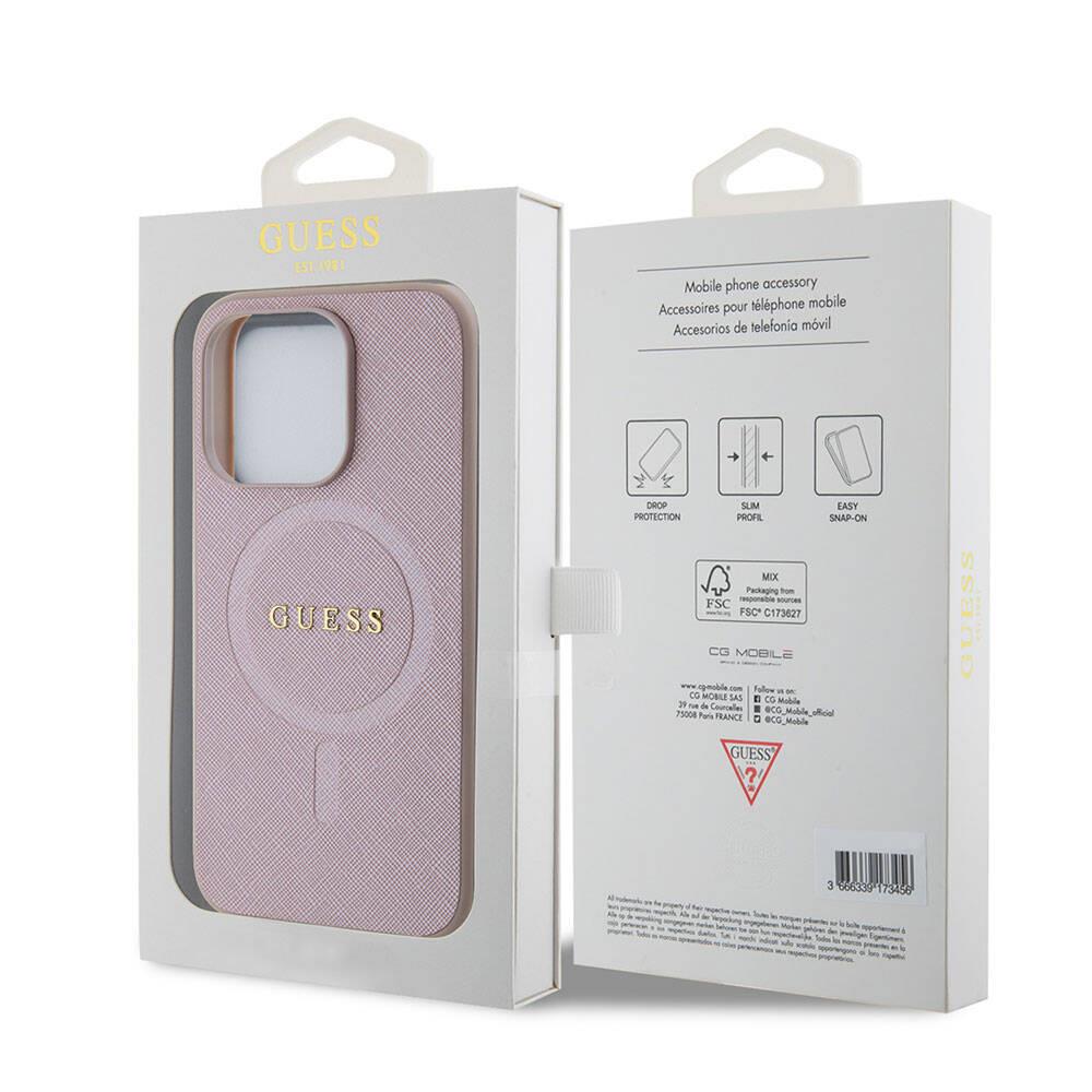 Apple iPhone 15 Pro Kılıf Guess Orjinal Lisanslı Magsafe Şarj Özellikli Yazı Logolu Saffiano Kapak