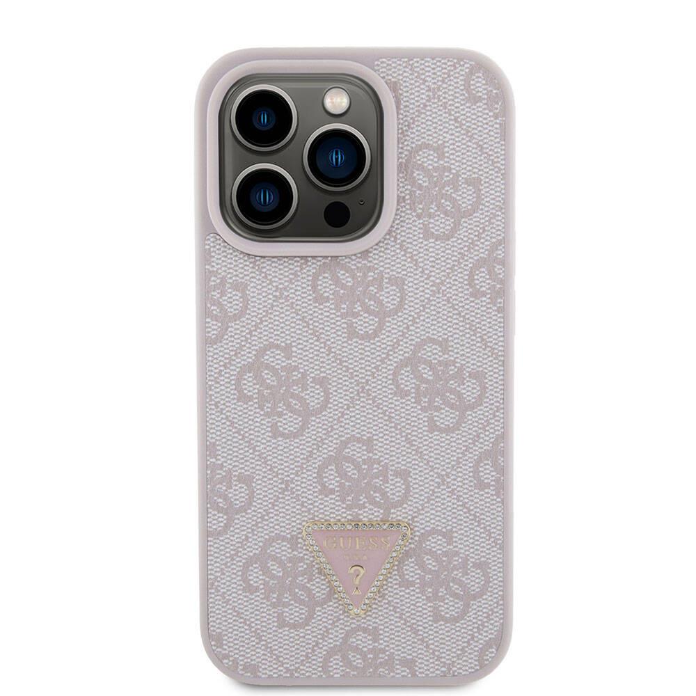 Apple iPhone 15 Pro Kılıf Guess Orjinal Lisanslı PU Deri Taşlı Üçgen Logo 4G Desenli Strass Kapak