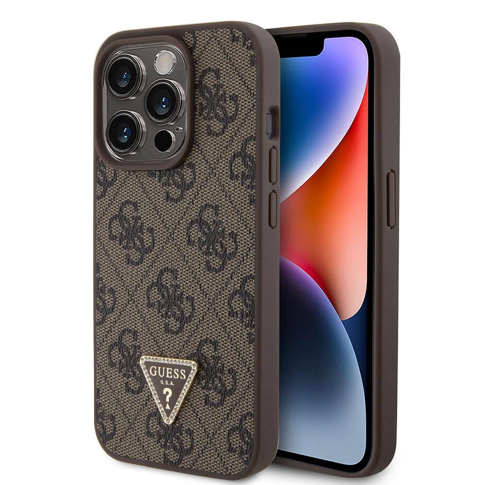 Apple iPhone 15 Pro Kılıf Guess Orjinal Lisanslı PU Deri Taşlı Üçgen Logo 4G Desenli Strass Kapak