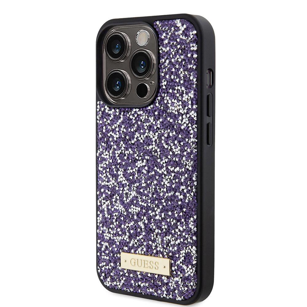 Apple iPhone 15 Pro Kılıf Guess Orjinal Lisanslı Taşlı Arka Yüzey Metal Yazı Logolu Kapak