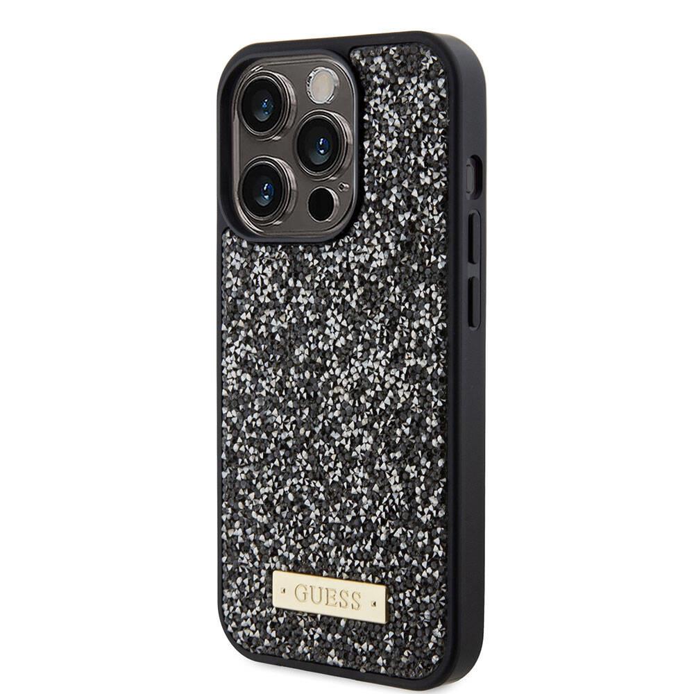 Apple iPhone 15 Pro Kılıf Guess Orjinal Lisanslı Taşlı Arka Yüzey Metal Yazı Logolu Kapak
