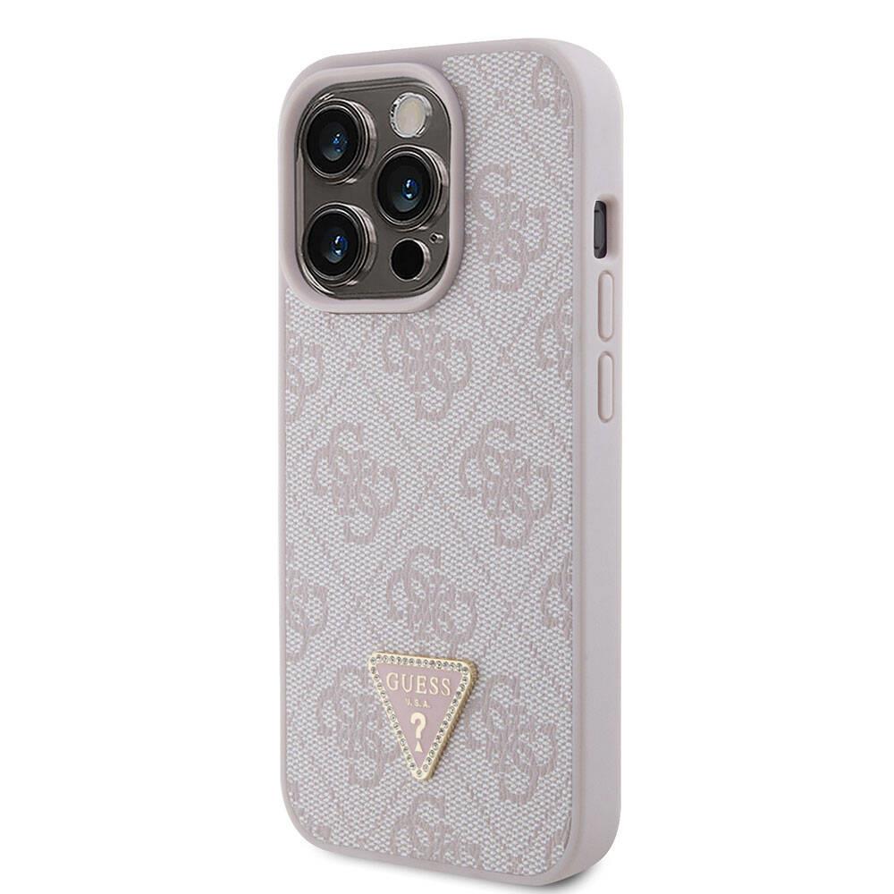 Apple iPhone 15 Pro Kılıf Guess Orjinal Lisanslı PU Deri Taşlı Üçgen Logo 4G Desenli Strass Kapak