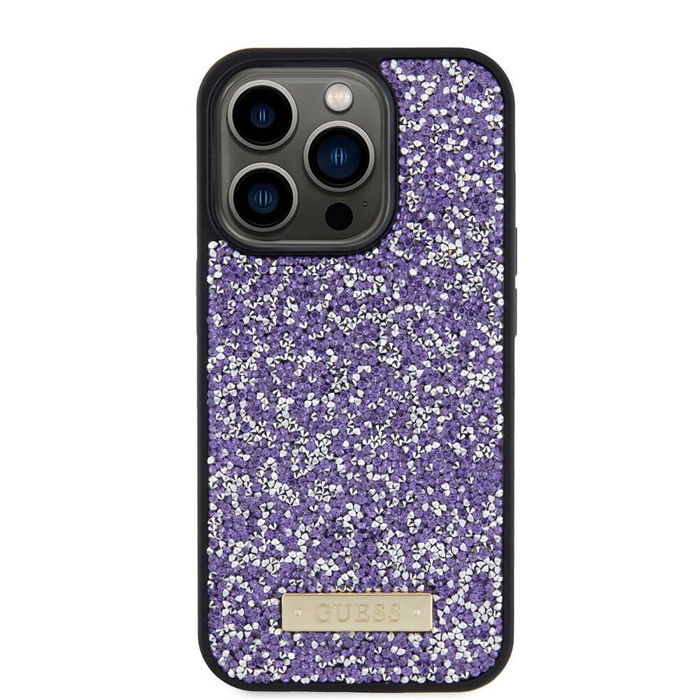 Apple iPhone 15 Pro Kılıf Guess Orjinal Lisanslı Taşlı Arka Yüzey Metal Yazı Logolu Kapak