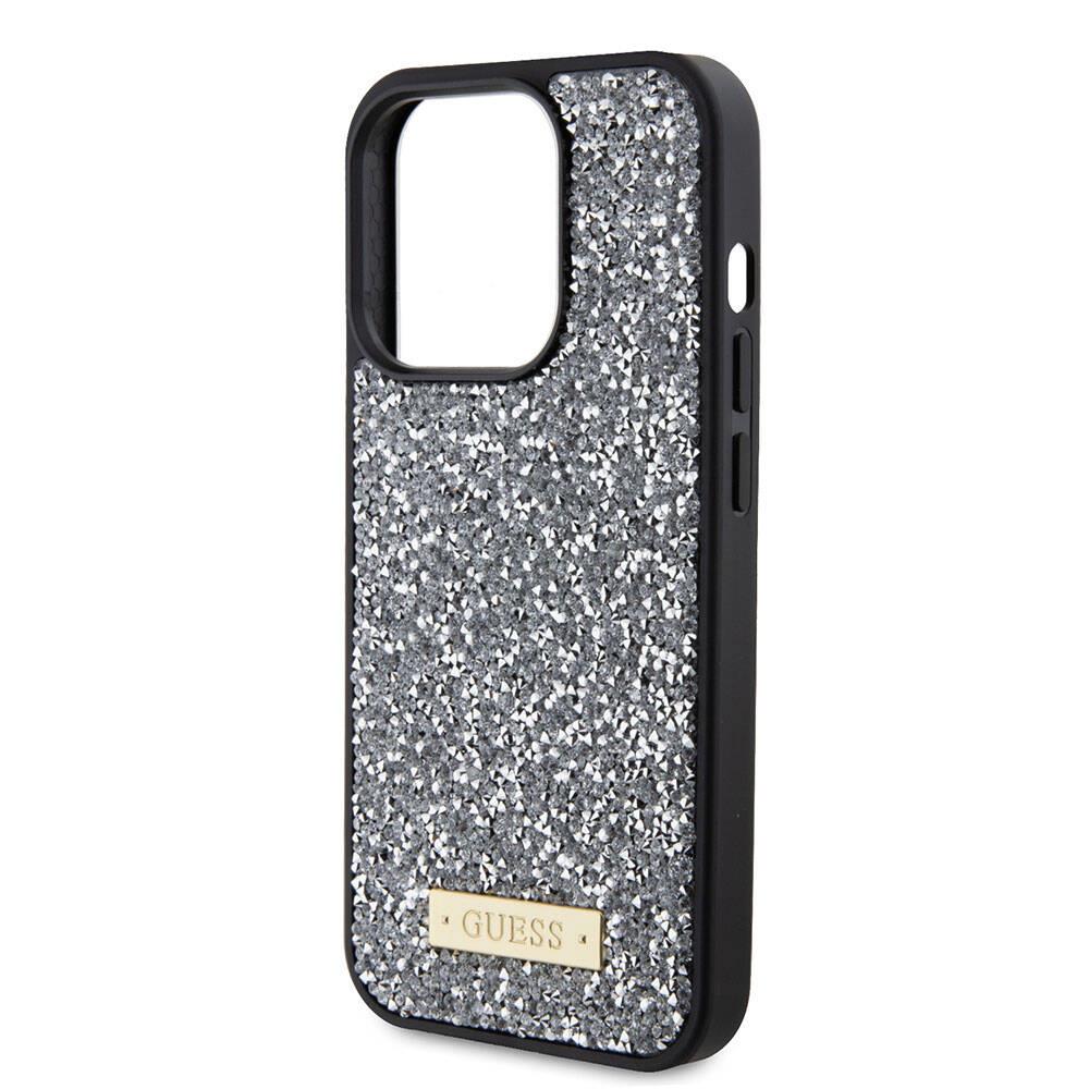 Apple iPhone 15 Pro Kılıf Guess Orjinal Lisanslı Taşlı Arka Yüzey Metal Yazı Logolu Kapak