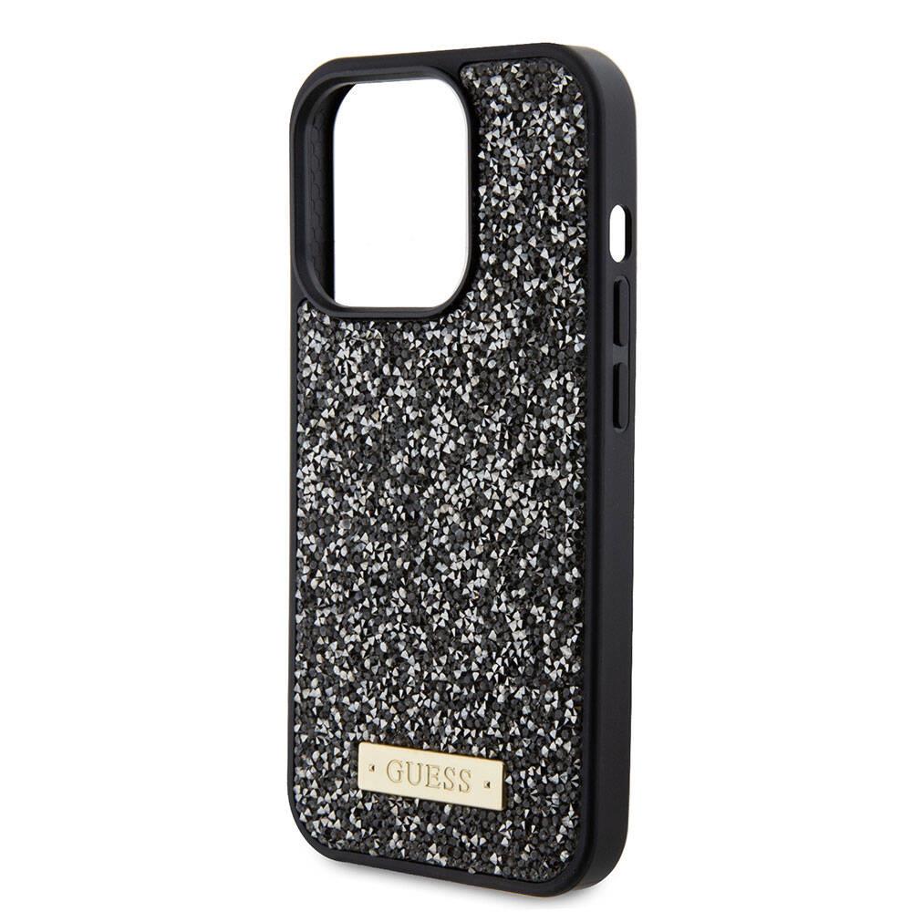 Apple iPhone 15 Pro Kılıf Guess Orjinal Lisanslı Taşlı Arka Yüzey Metal Yazı Logolu Kapak