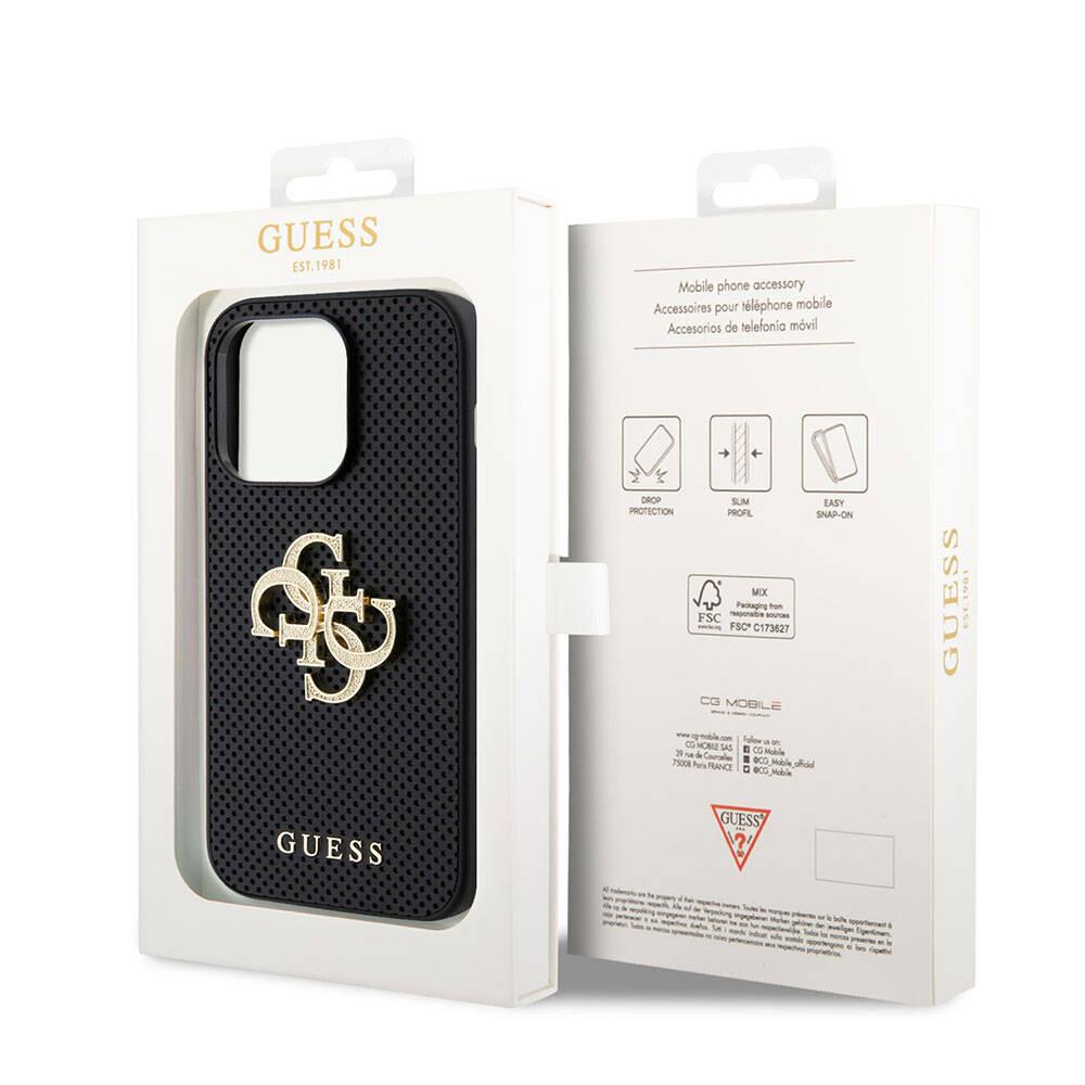 Apple iPhone 15 Pro Kılıf Guess Orjinal Lisanslı Delikli Yazı ve 4G Glitter Büyük Metal Logolu Kapak