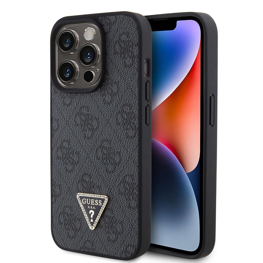 Apple iPhone 15 Pro Kılıf Guess Orjinal Lisanslı PU Deri Taşlı Üçgen Logo 4G Desenli Strass Kapak
