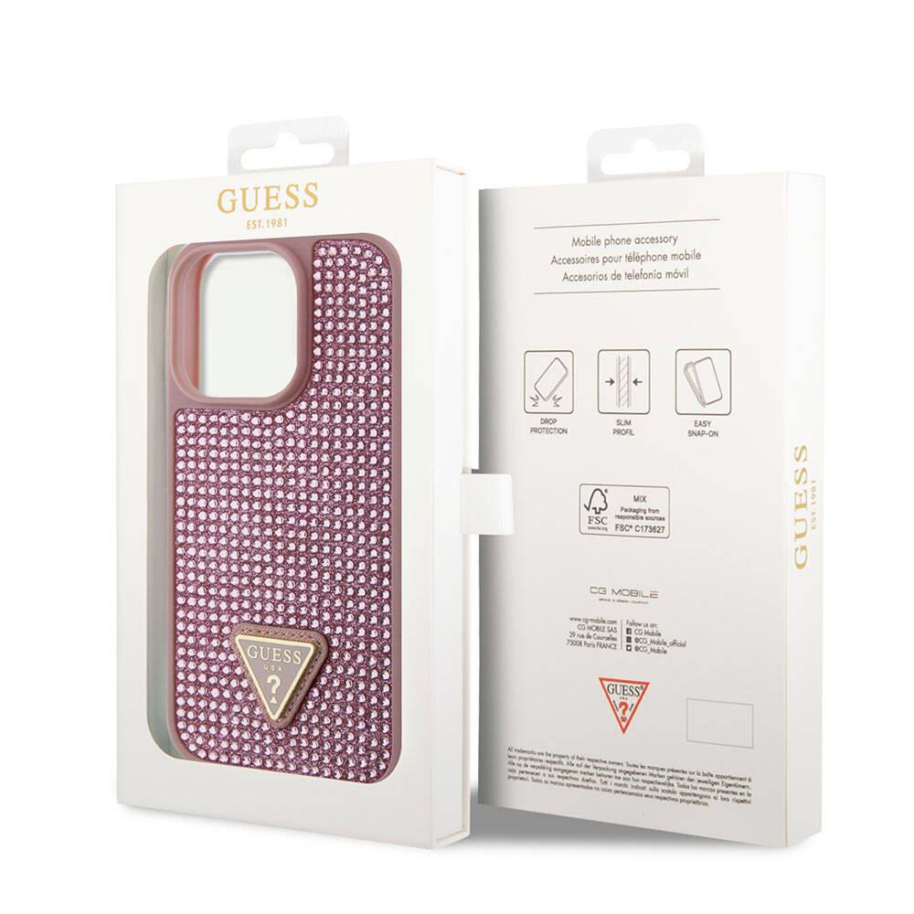 Apple iPhone 15 Pro Kılıf Guess Orjinal Lisanslı Taşlı Arka Yüzey Üçgen Logolu Kapak
