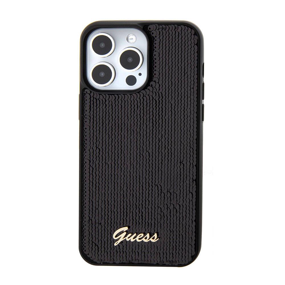 Apple iPhone 15 Pro Kılıf Guess Orjinal Lisanslı Pullu Arka Yüzey Metal Yazı Logolu Sequin Script Kapak