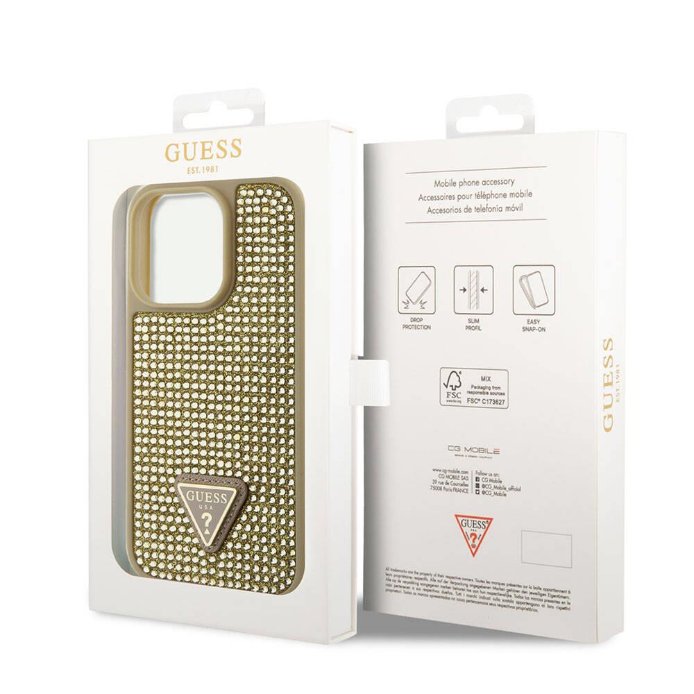 Apple iPhone 15 Pro Kılıf Guess Orjinal Lisanslı Taşlı Arka Yüzey Üçgen Logolu Kapak