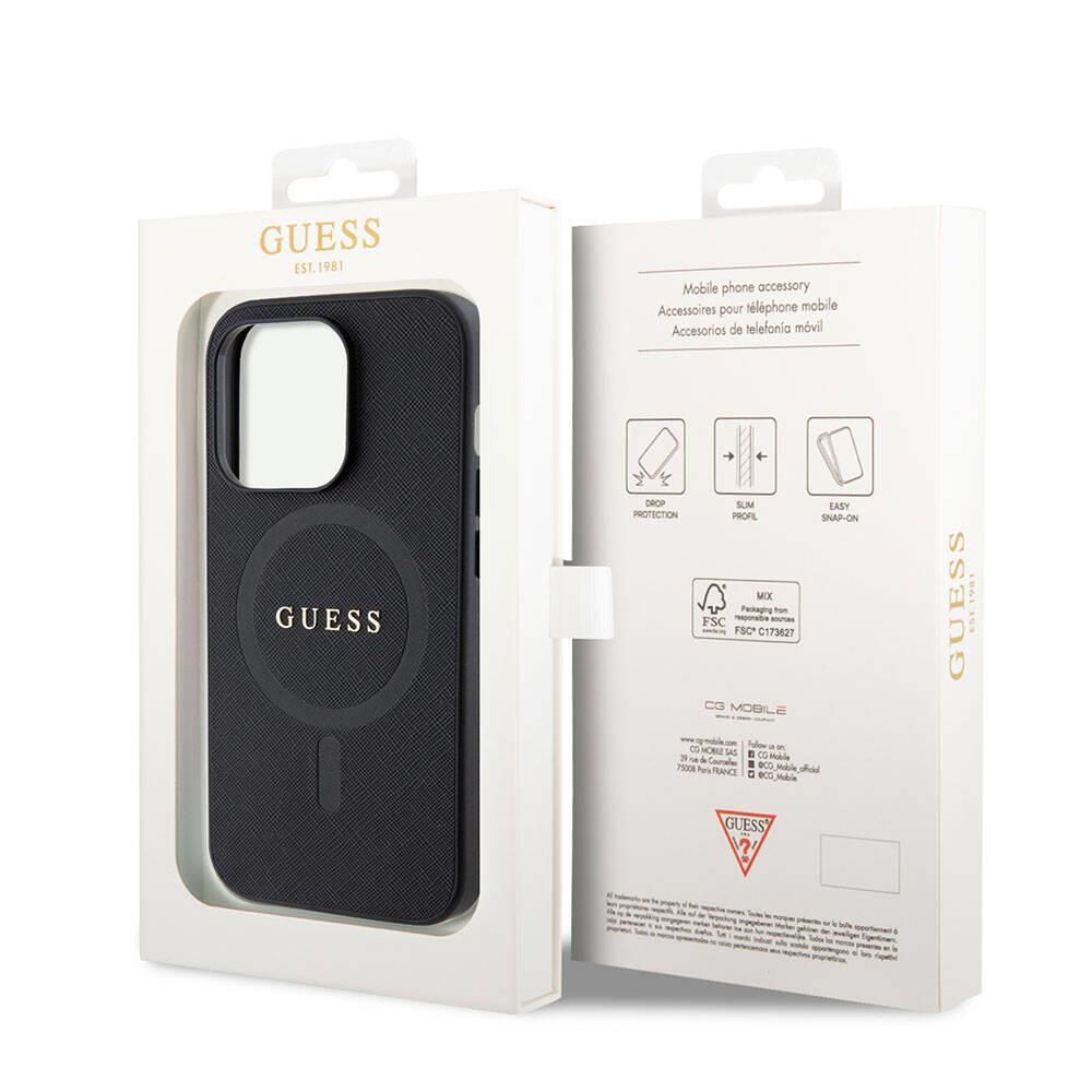 Apple iPhone 15 Pro Kılıf Guess Orjinal Lisanslı Magsafe Şarj Özellikli Yazı Logolu Saffiano Kapak