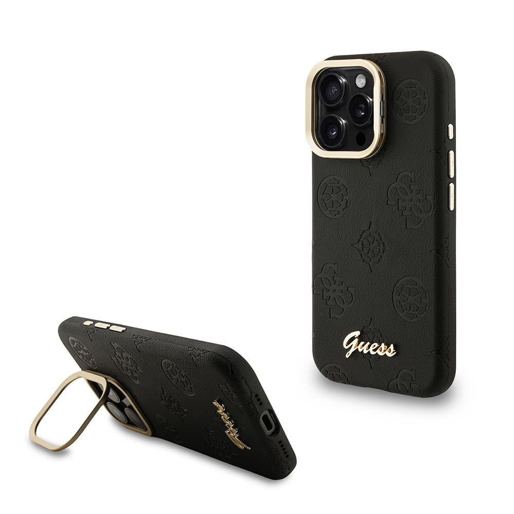 Apple iPhone 15 Pro Kılıf Guess Orjinal Lisanslı M-safe Şarj Özellikli Sıcak Baskılı Yazı Logolu Kamera Standlı PU Deri Peony Kapak