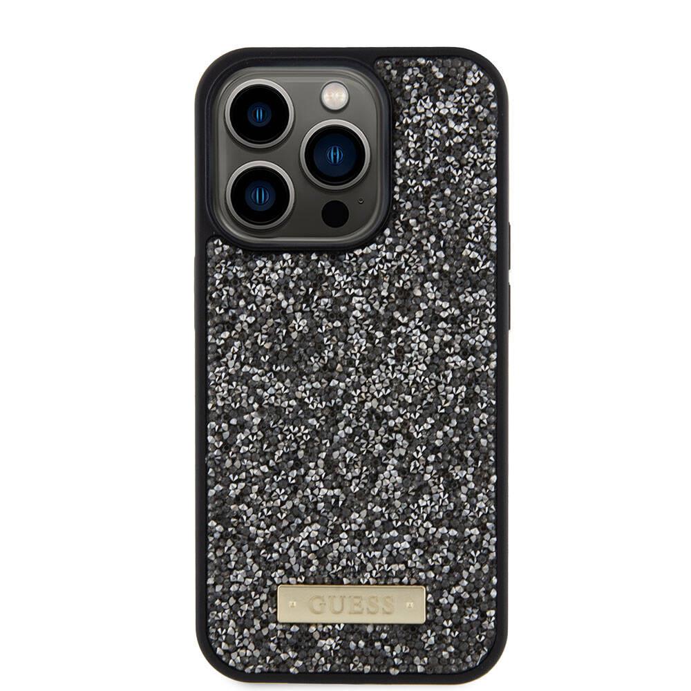 Apple iPhone 15 Pro Kılıf Guess Orjinal Lisanslı Taşlı Arka Yüzey Metal Yazı Logolu Kapak