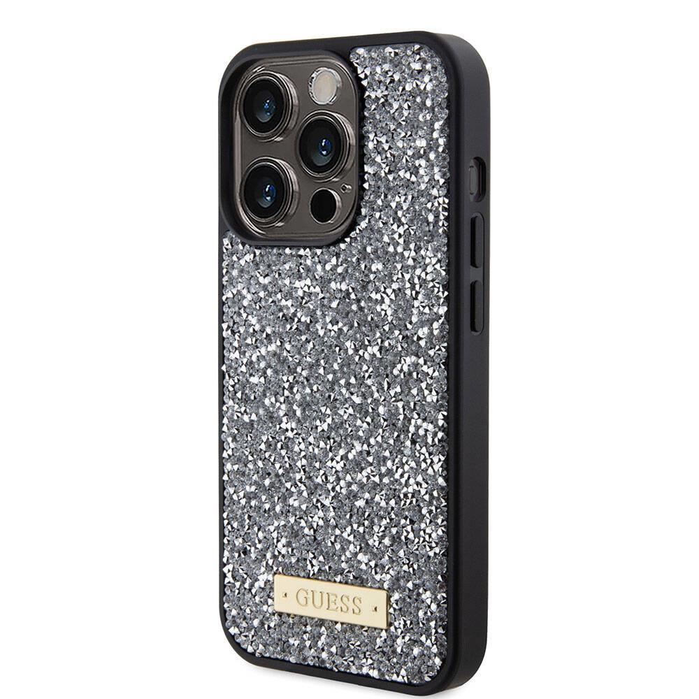 Apple iPhone 15 Pro Kılıf Guess Orjinal Lisanslı Taşlı Arka Yüzey Metal Yazı Logolu Kapak