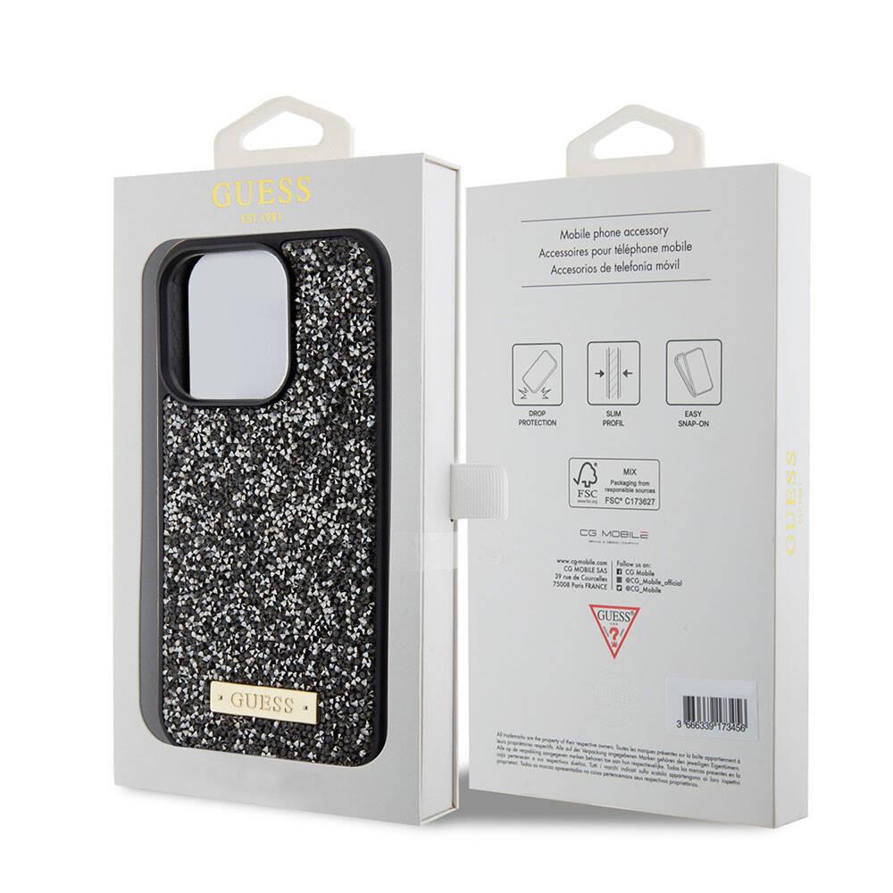 Apple iPhone 15 Pro Kılıf Guess Orjinal Lisanslı Taşlı Arka Yüzey Metal Yazı Logolu Kapak