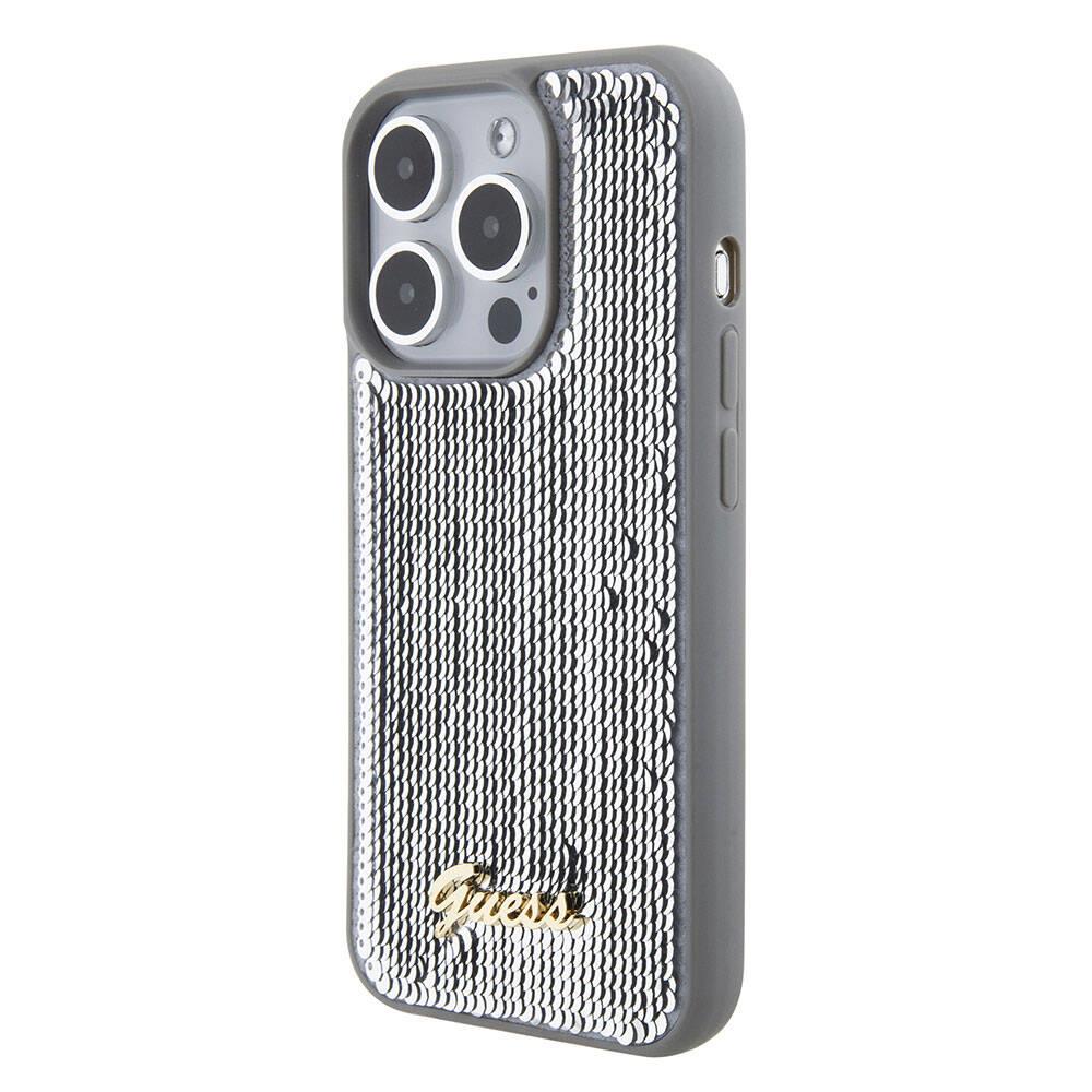 Apple iPhone 15 Pro Kılıf Guess Orjinal Lisanslı Pullu Arka Yüzey Metal Yazı Logolu Sequin Script Kapak